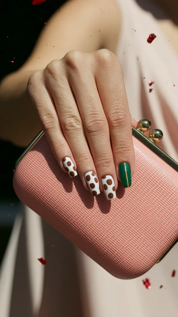 Fall nail colors for medium skin 2025 – Cocoa Dots with Hunter Stripe Accent