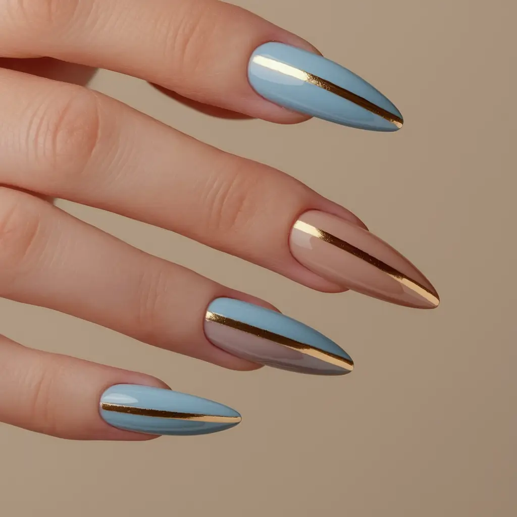 fall nails art 2025 Sky Blue and Gold Minimalism