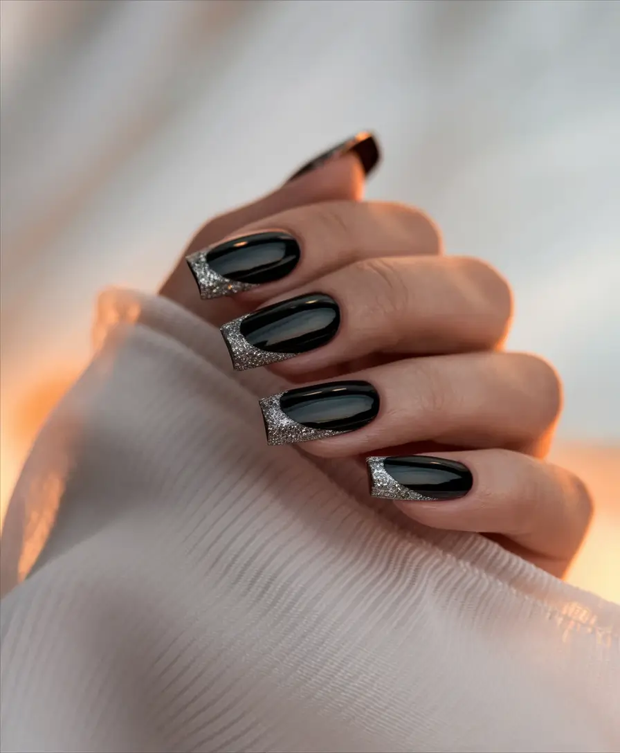 fall nails art 2025 Black and Silver Spark Drama