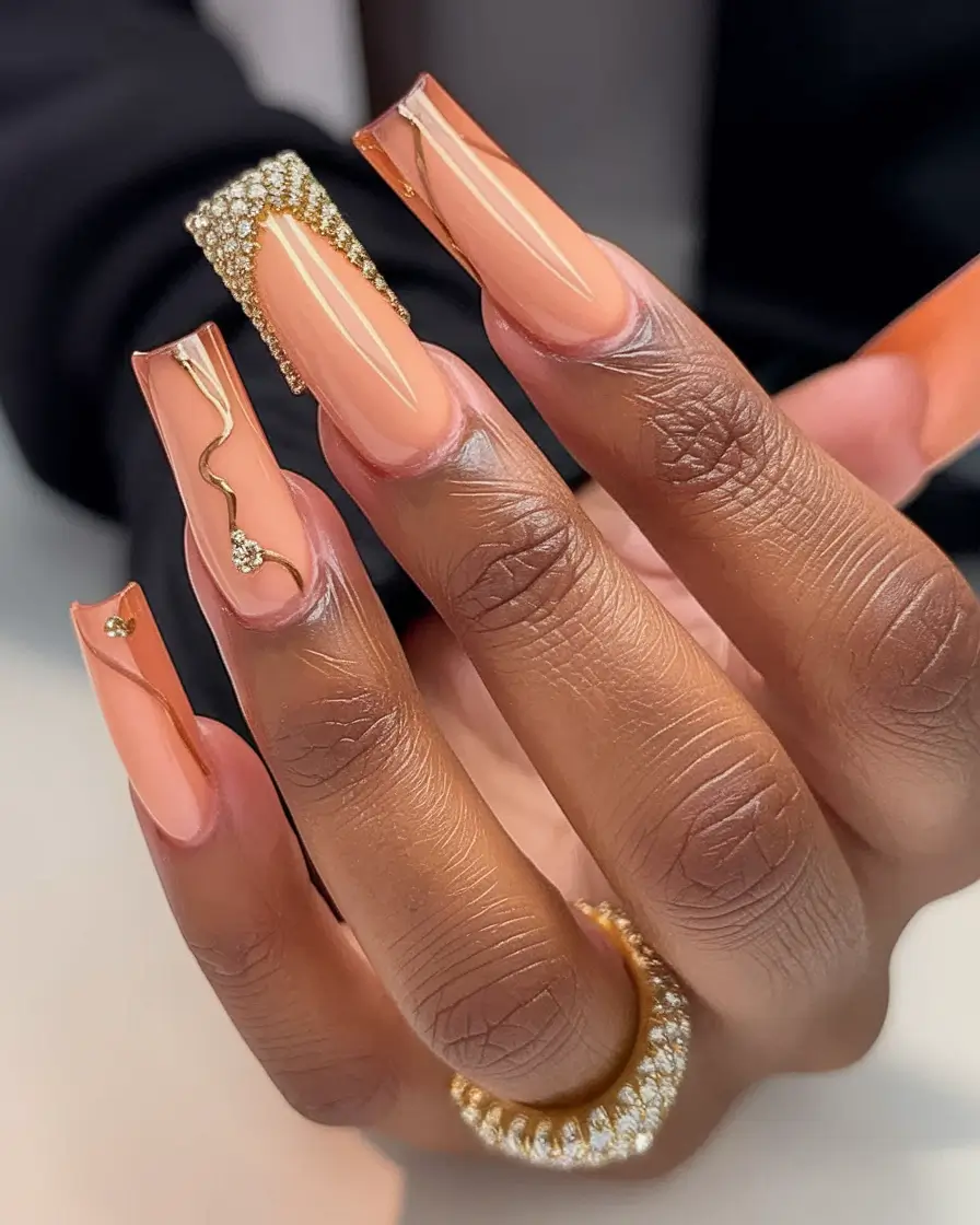 fall nails art 2025 Peach Glam With Gold Accents
