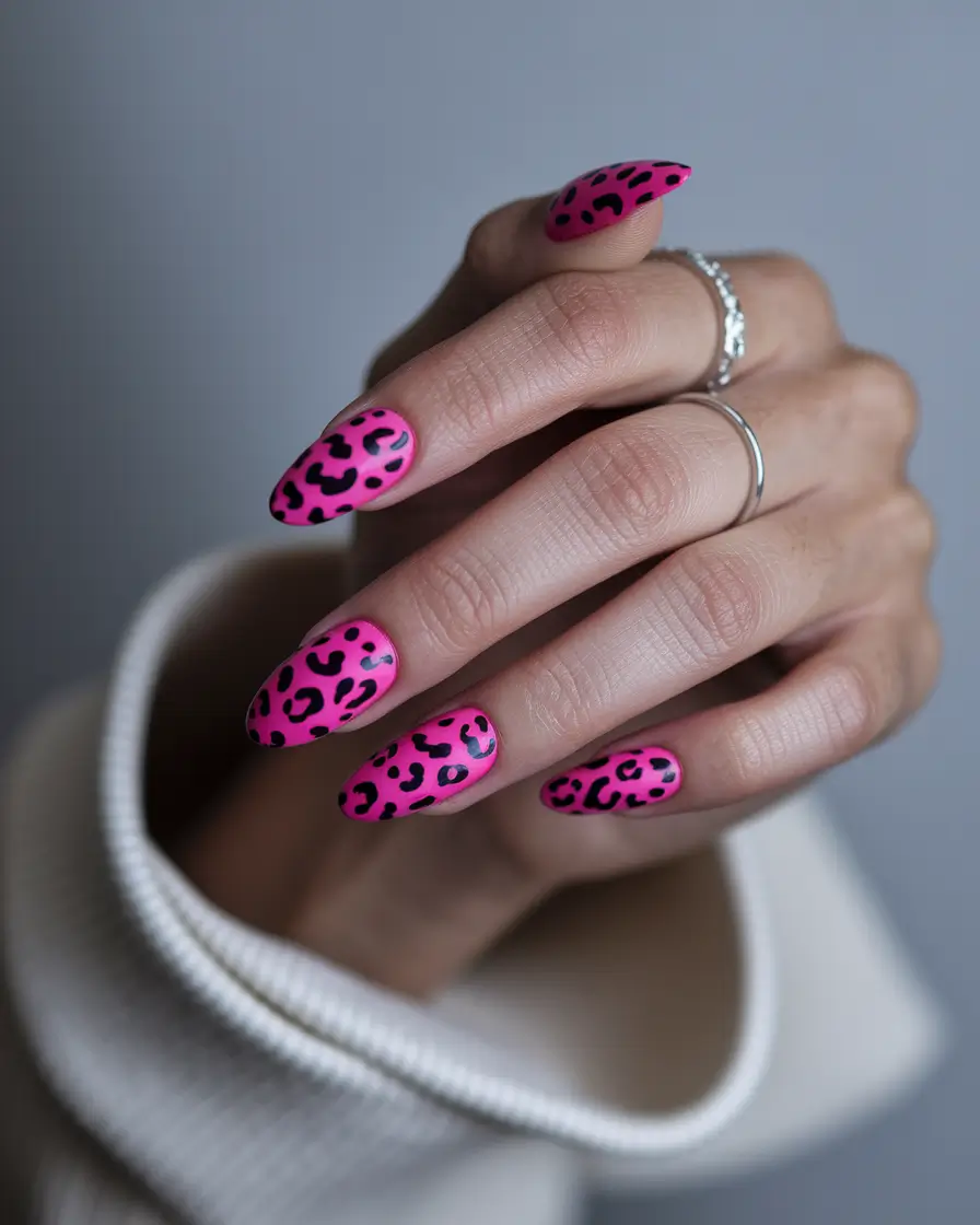 fall nails art 2025 Hot Pink Leopard