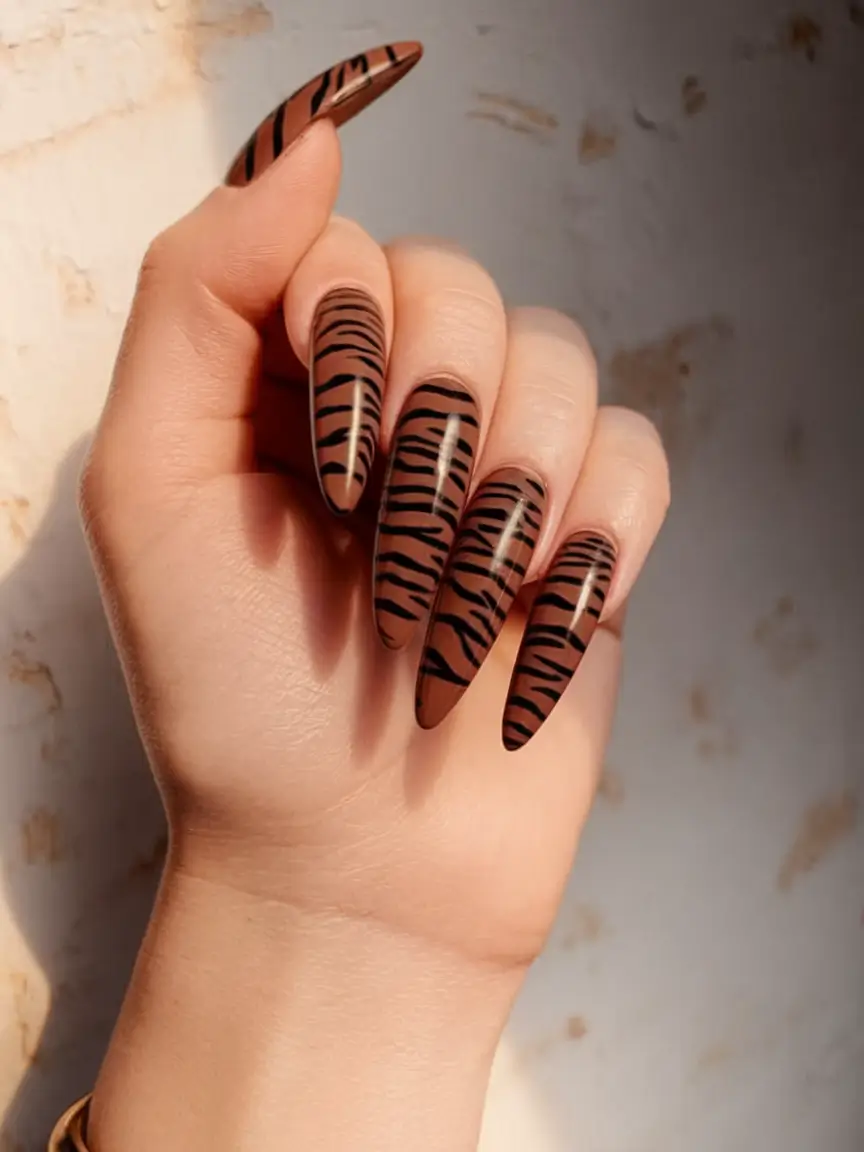 fall nails art 2025 Warm Tiger Stripes