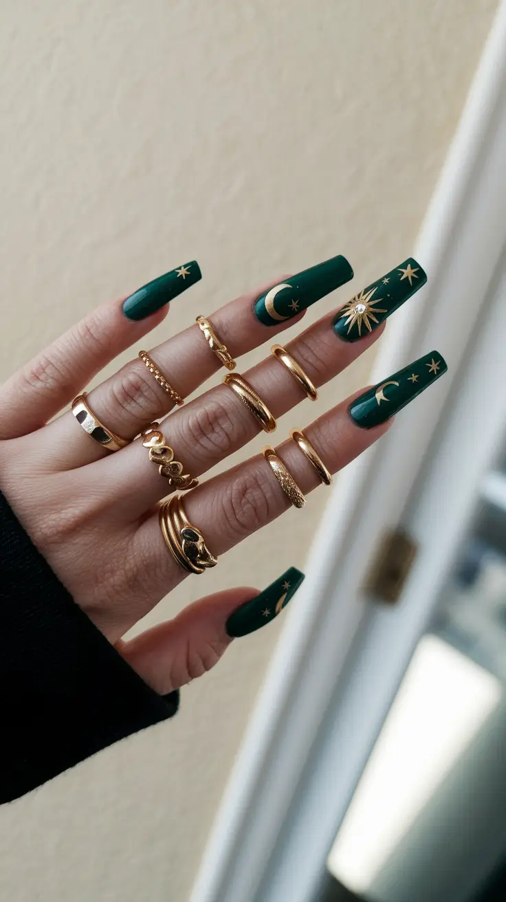 fall nails art 2025 Green Cosmic Symbols
