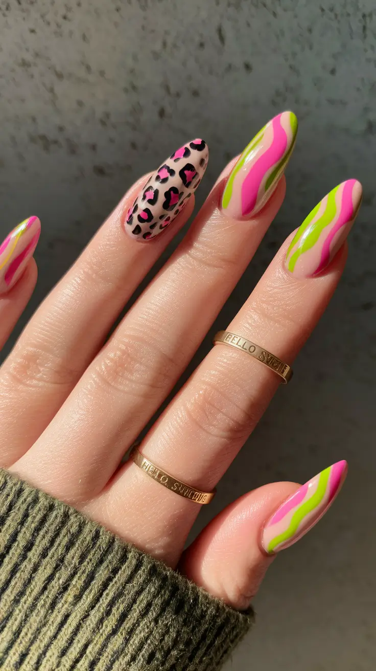 fall nails art 2025 Neon Meets Leopard Energy