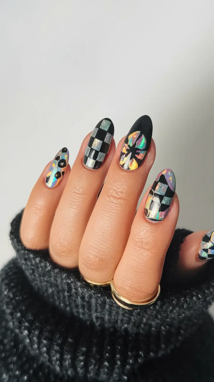 fall nails art 2025 Edgy Holographic Checkers