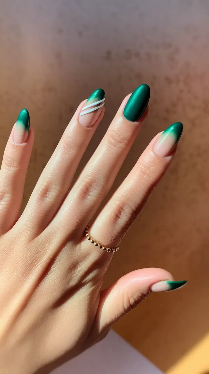 fall nails oval shape Emerald Fade & Silver Stripes