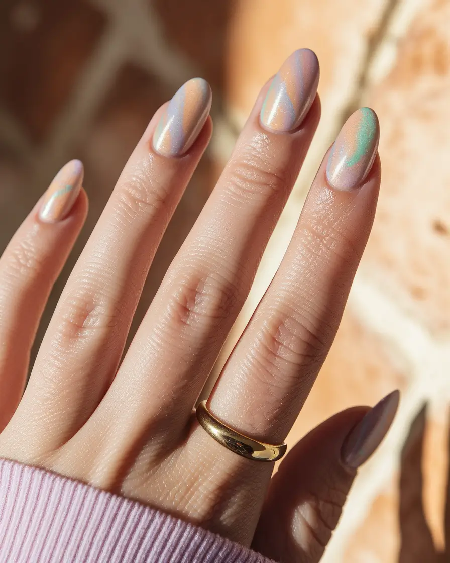 fall nails oval shape Pearlescent Pastel Waves