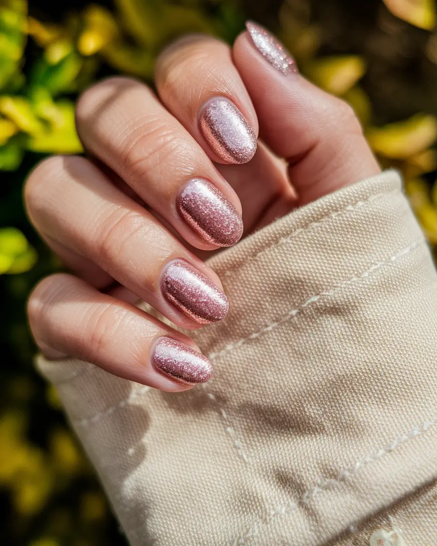 fall nails oval shape Rose Quartz Sparkle