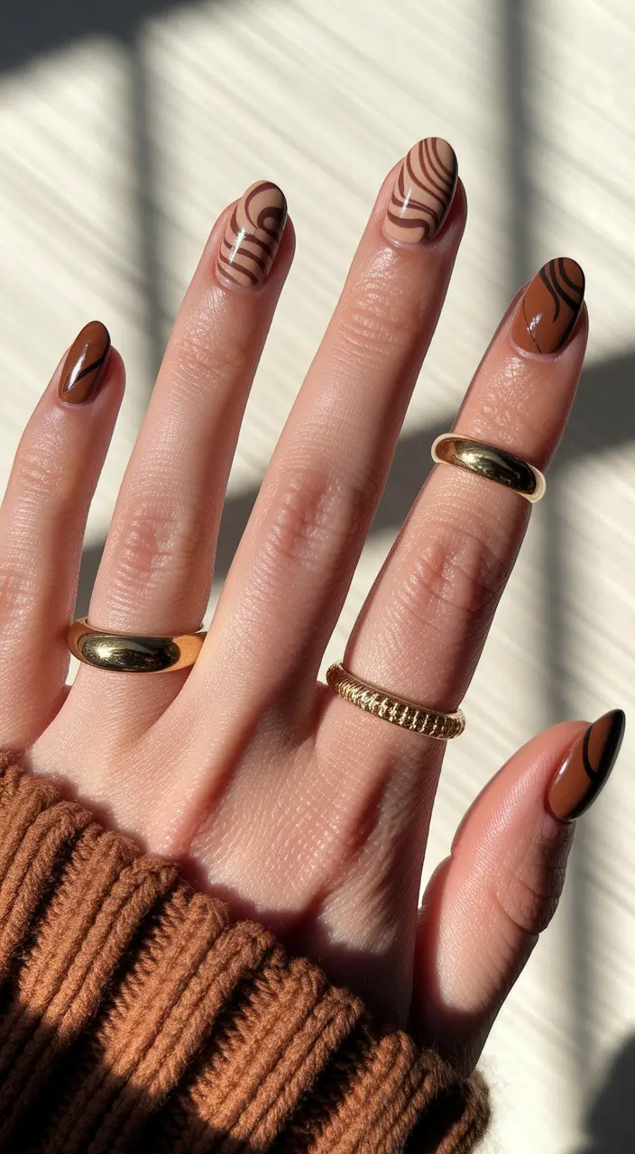 fall nails oval shape Mocha Swirl Art