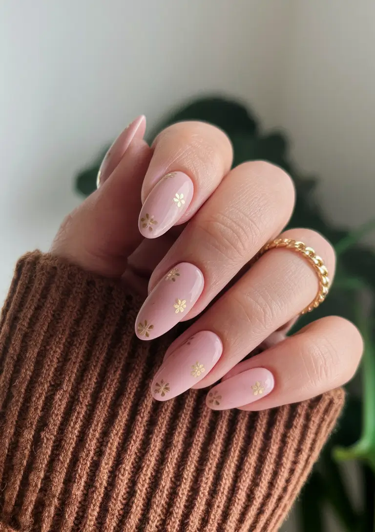 fall nails oval shape Blush Petals & Gold Accents