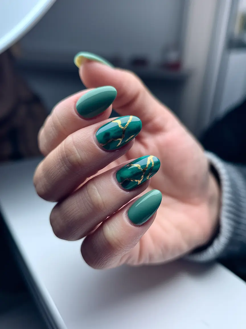 fall nails oval shape Emerald Marble Luxe