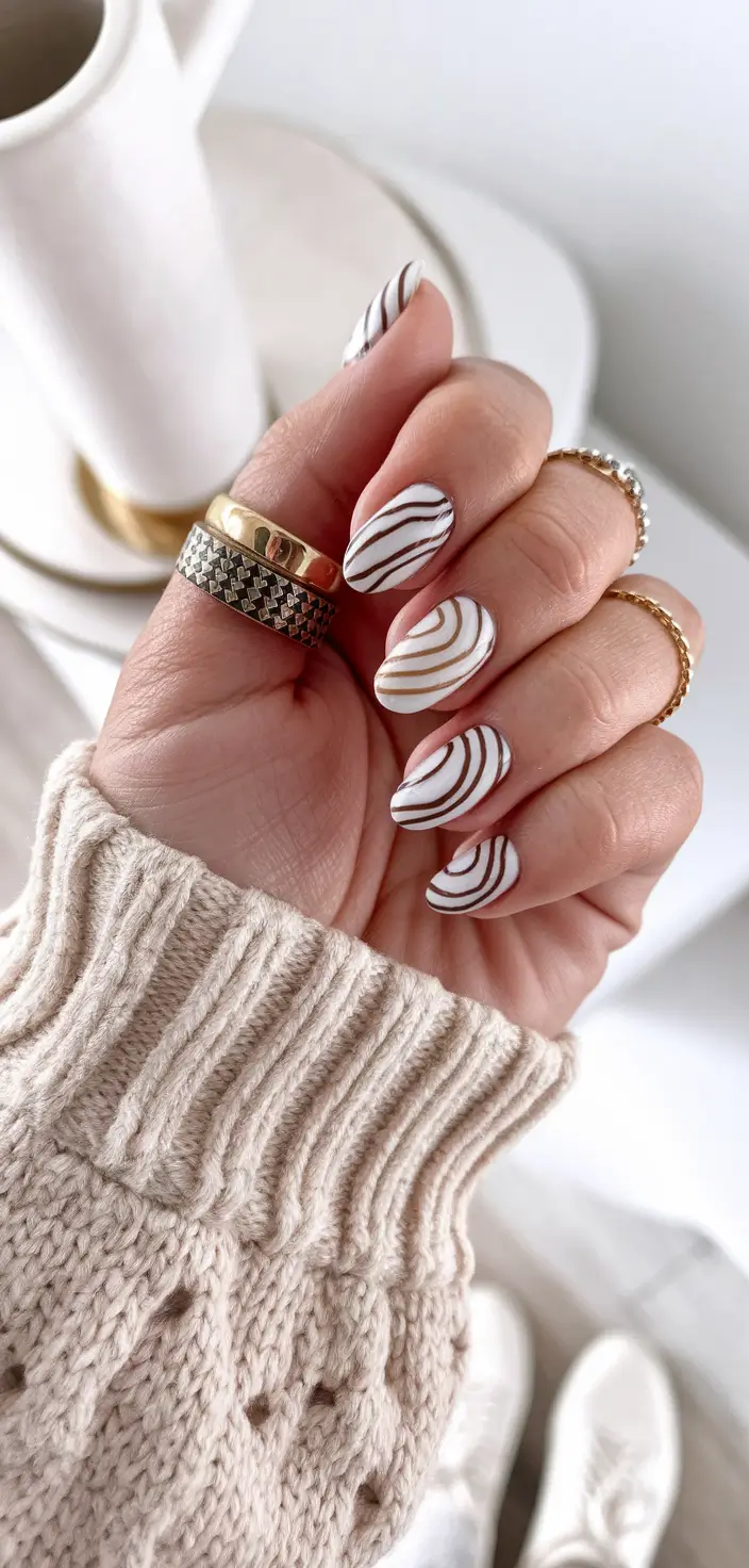 fall nails oval shape Warm Minimalist Swirls in Autumn Tones