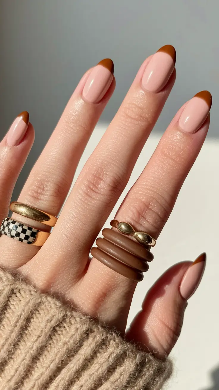 fall nails oval shape Classic Caramel French with an Autumn Twist