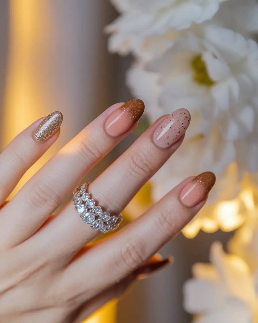 fall nails oval shape Golden Glow and Glitter Accents
