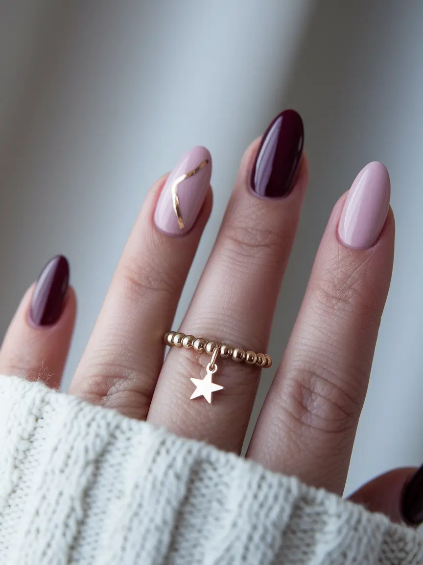 fall nails oval shape Burgundy & Blush Harmony