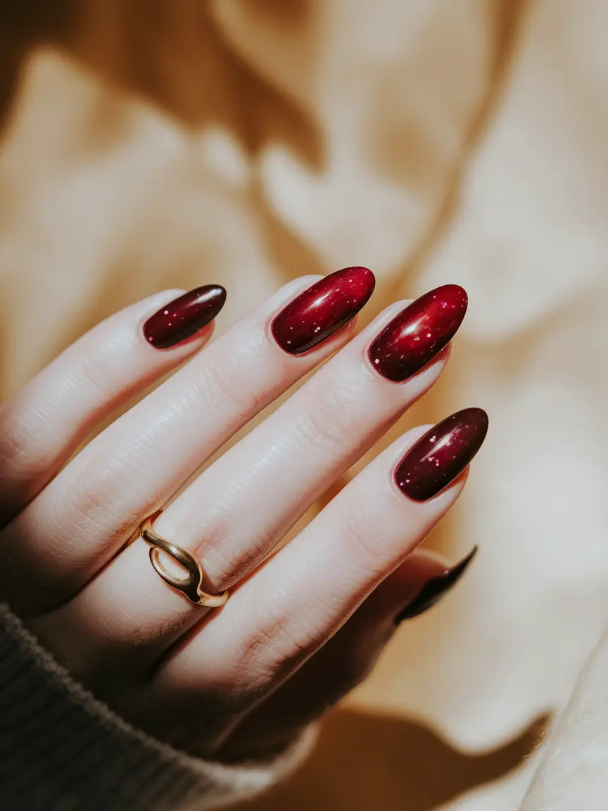 fall nails oval shape Deep Crimson Stardust