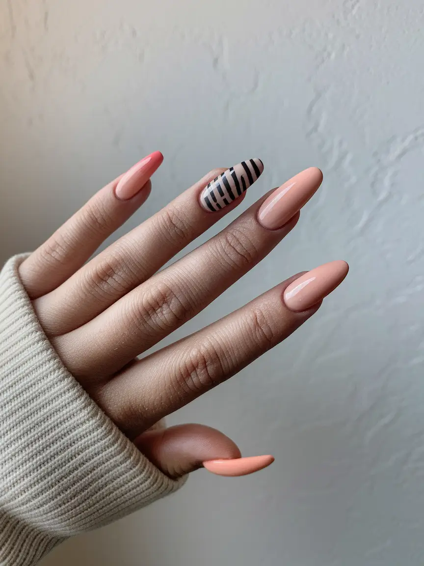 fall nails oval shape Peach Gloss with a Striped Twist