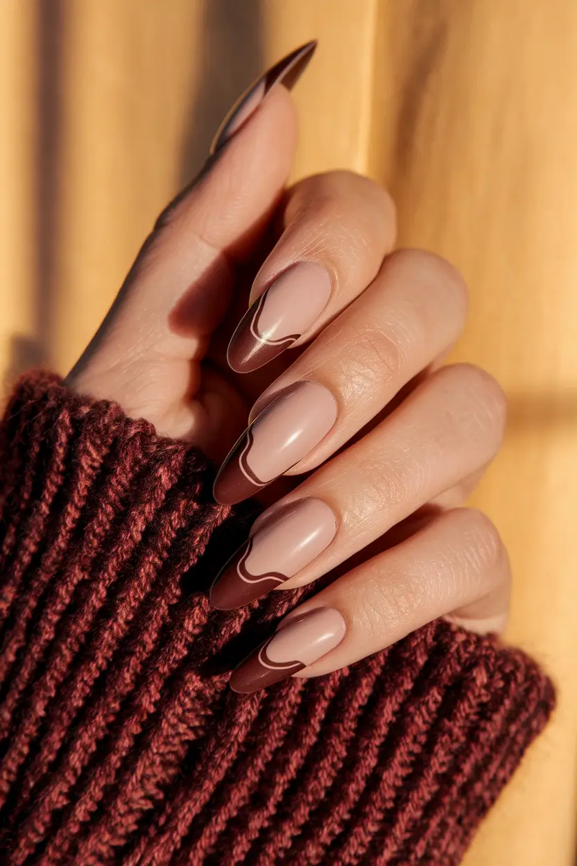 fall nails oval shape Chocolate Swirl Elegance