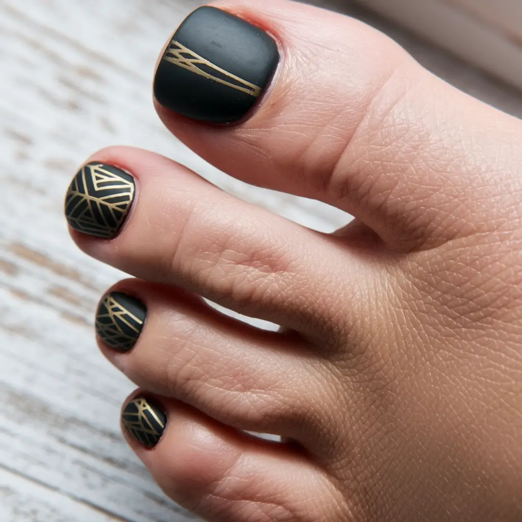fall pedicure colors 2025 Golden Geometry on Matte Black