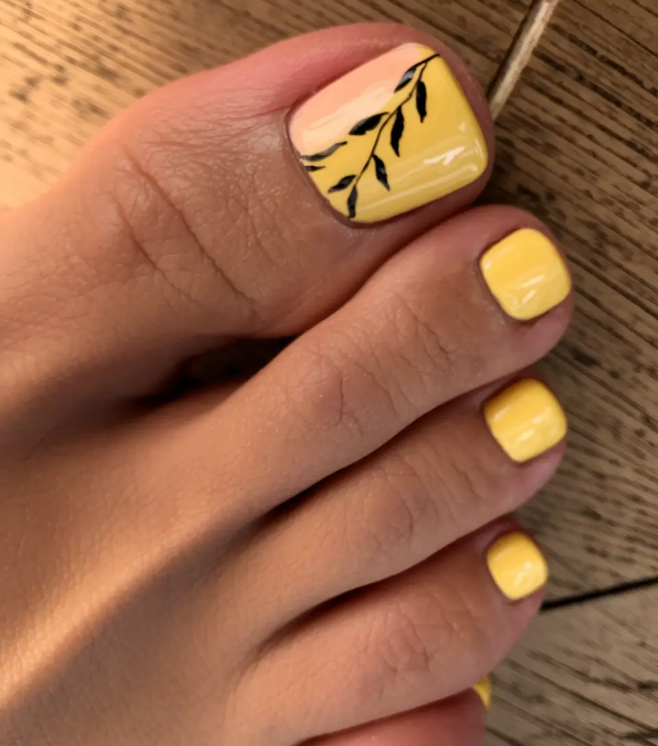 fall pedicure colors 2025 Golden Leaf on Yellow Base
