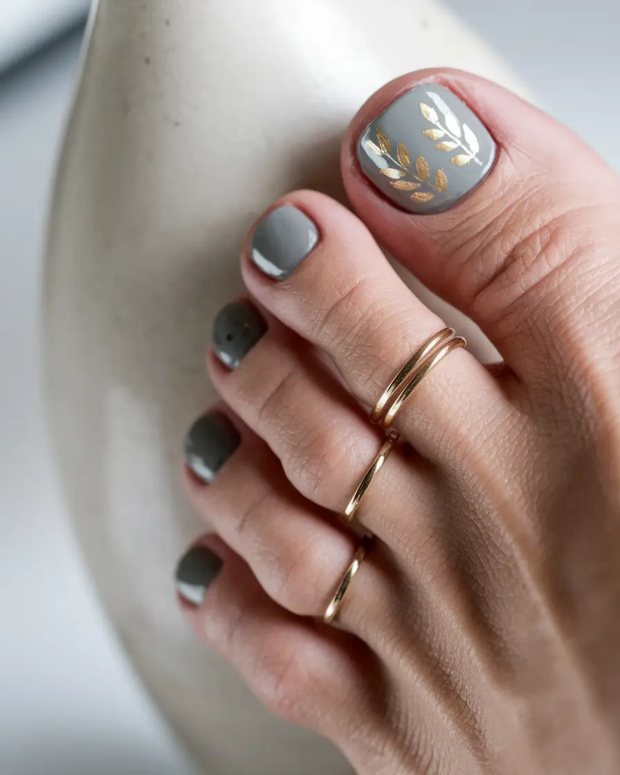 fall pedicure colors 2025 Grey with Golden Leaf Accent
