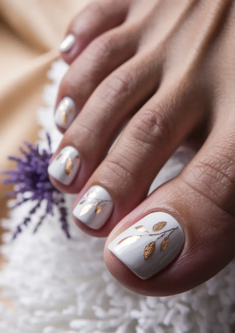 fall pedicure colors 2025 White Marble Elegance with Gold Veins