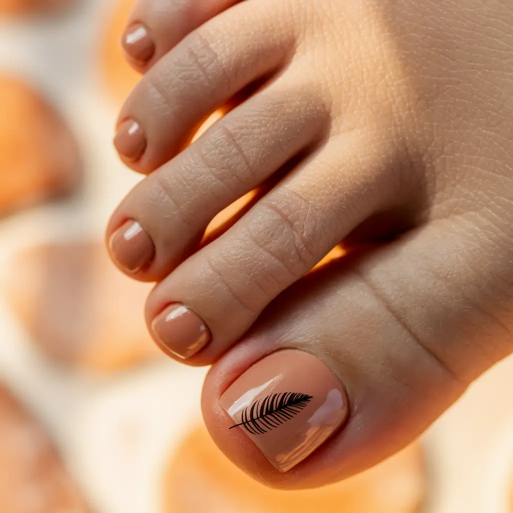 fall pedicure colors 2025 Caramel Nude with Black Leaf Detail