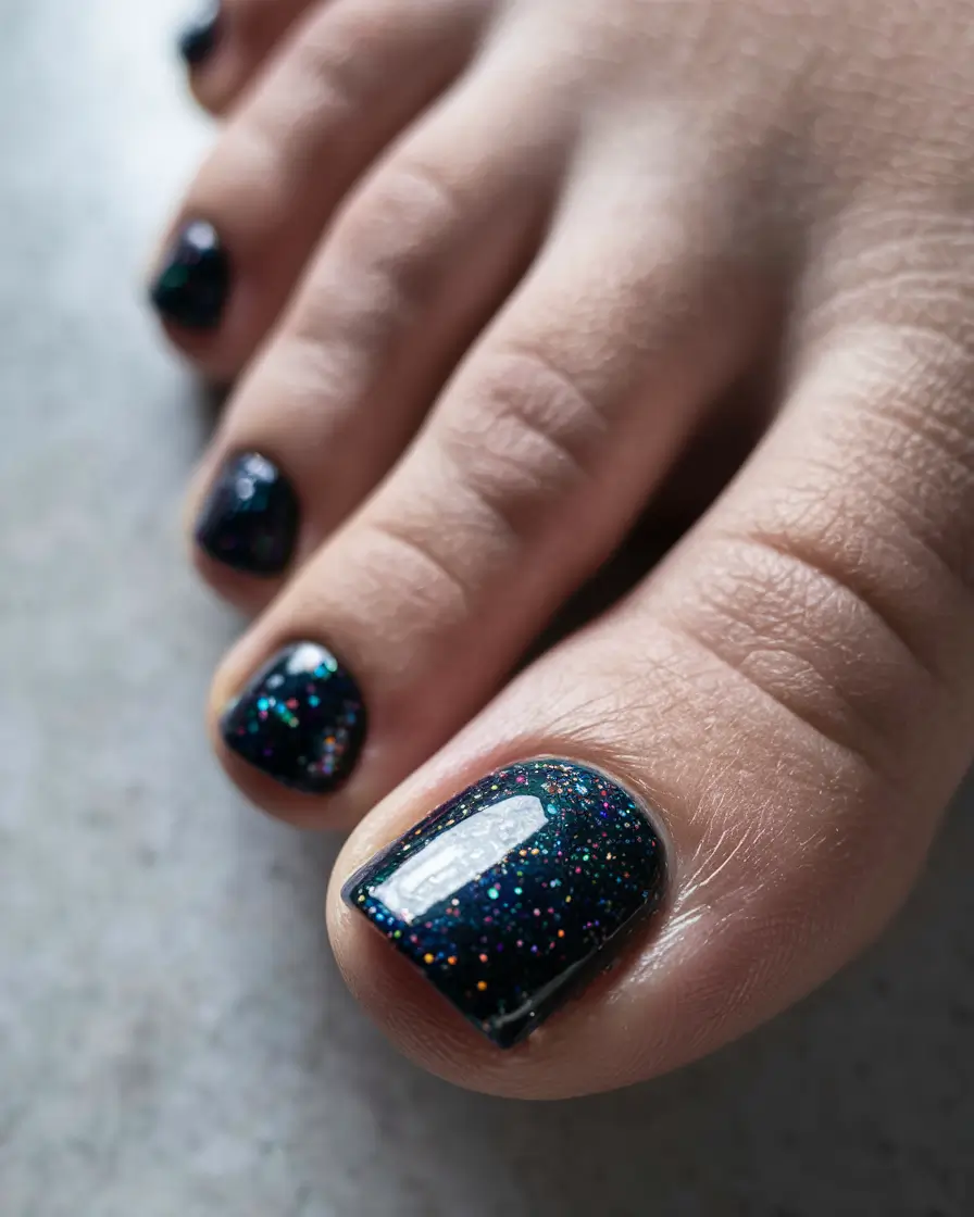 fall pedicure colors 2025 Midnight Galaxy Glitter