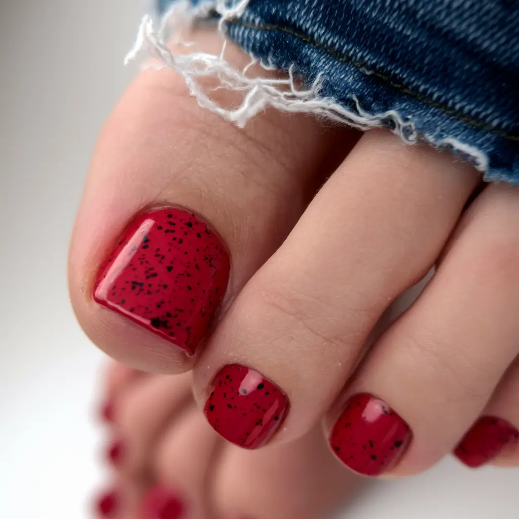 fall pedicure colors 2025 Berry Red with Speckled Detail