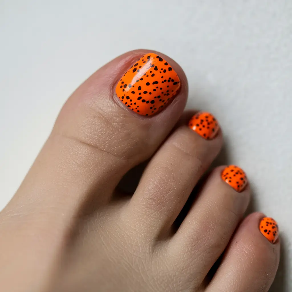 fall pedicure colors 2025 Bright Orange with Black Speckles