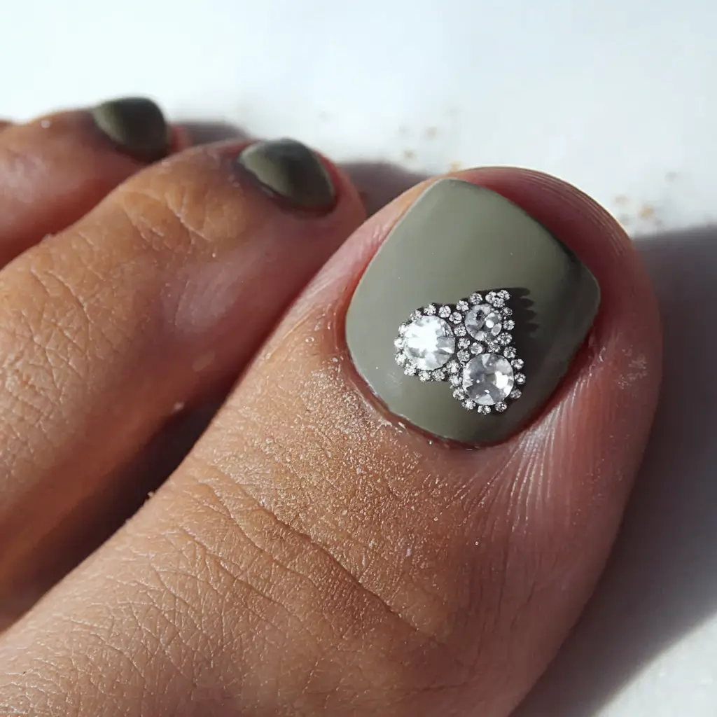 fall pedicure colors 2025 Olive Elegance with Crystal Accent