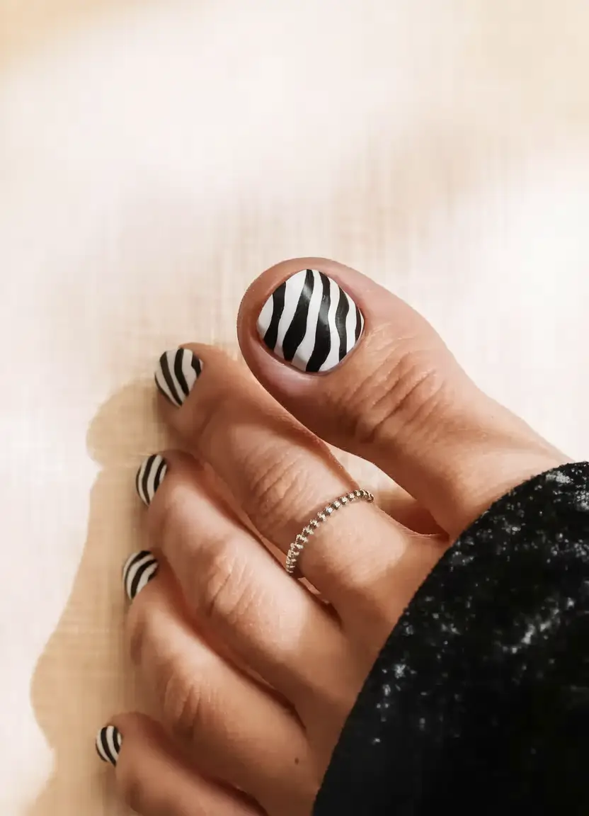 fall pedicure colors 2025 Monochrome Zebra Print