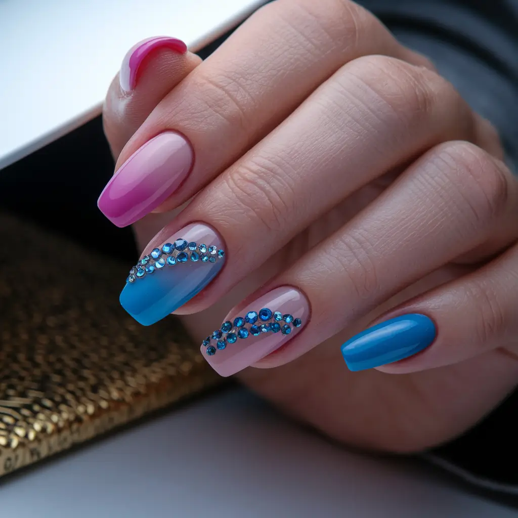 Fall Rhinestone Nails Ocean Breeze Meets Candy Pink