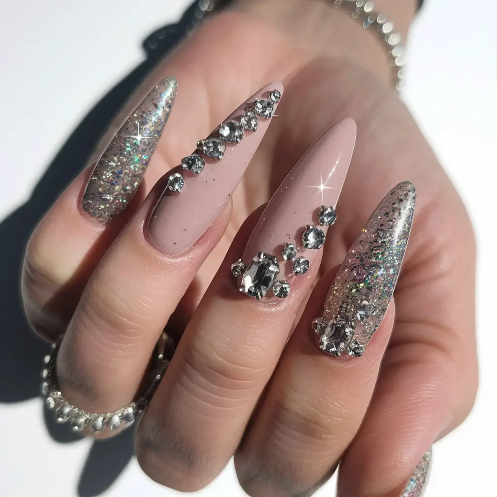 Fall Rhinestone Nails Silver Sparkle Statement