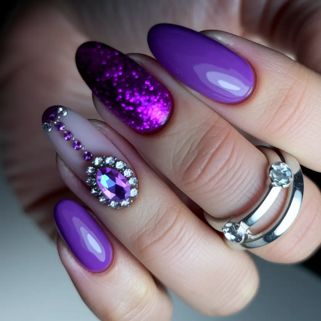 Fall Rhinestone Nails Royal Purple Spark