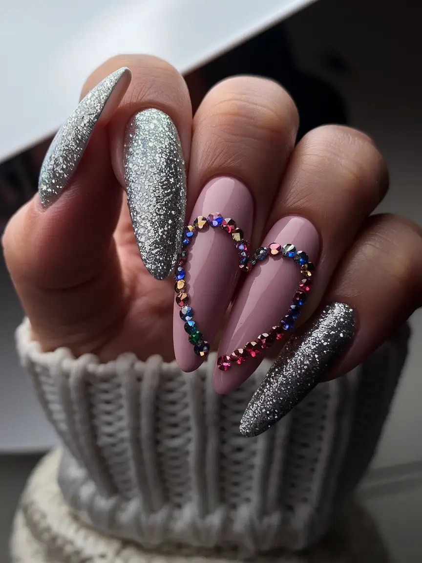 Fall Rhinestone Nails Rainbow Heart Elegance