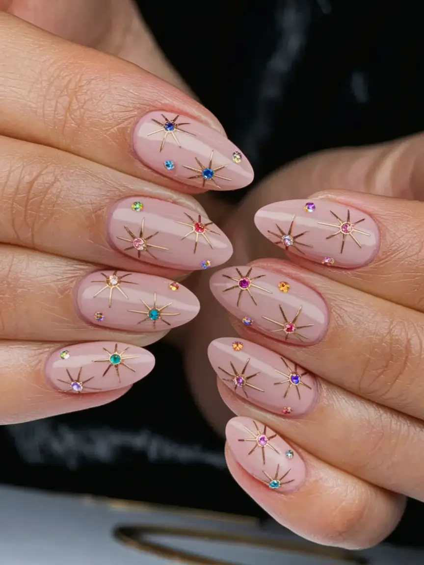 Fall Rhinestone Nails Celestial Starburst Nails