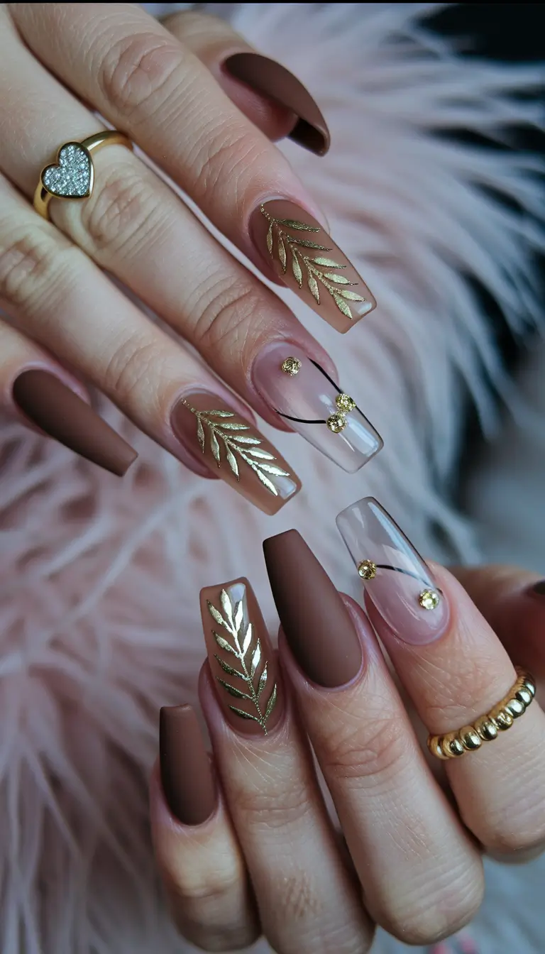 Fall Rhinestone Nails Matte Mocha Leaves