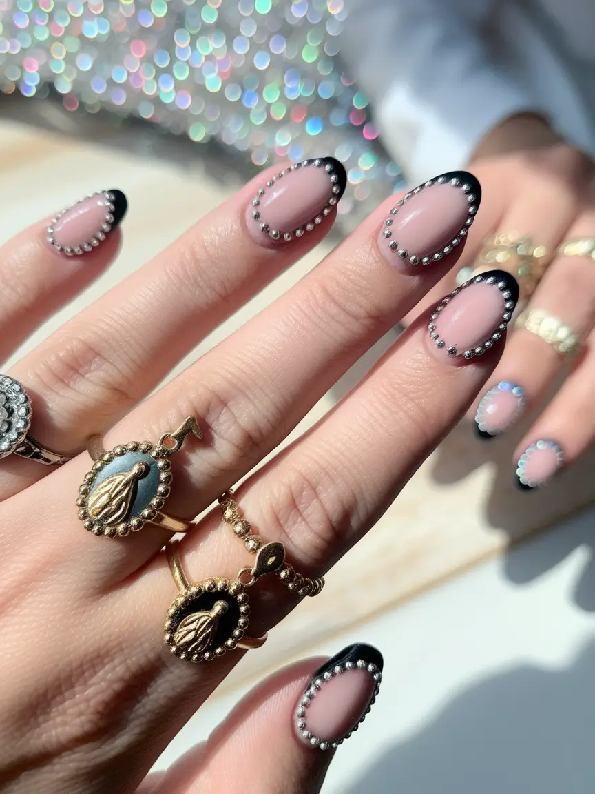 Fall Rhinestone Nails Black-Tipped Elegance