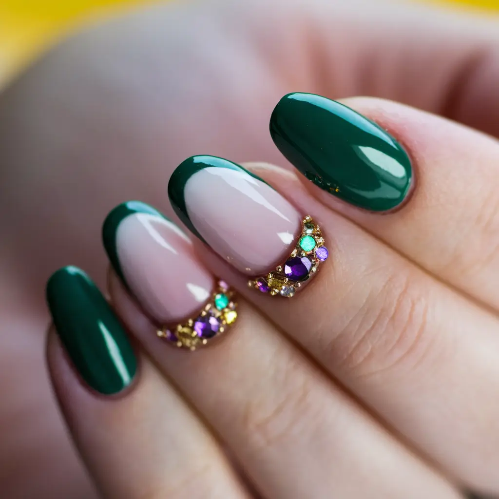 Fall Rhinestone Nails Emerald Luxury