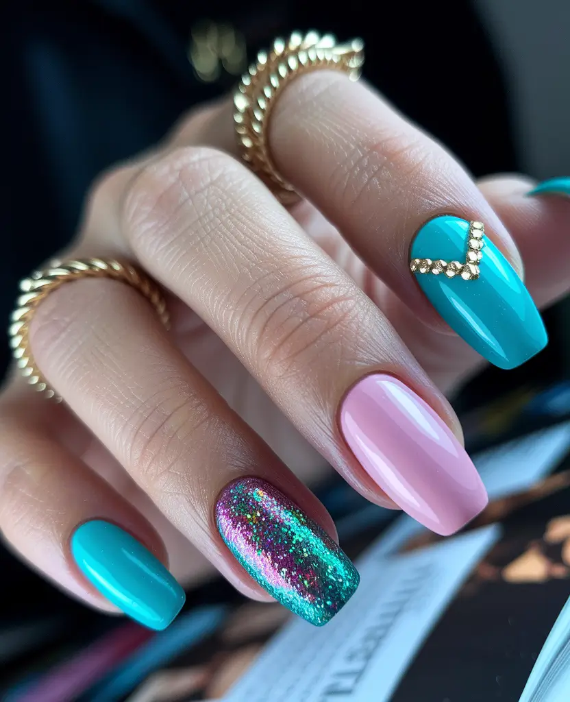 Fall Rhinestone Nails Turquoise Spark with Glitter Pop