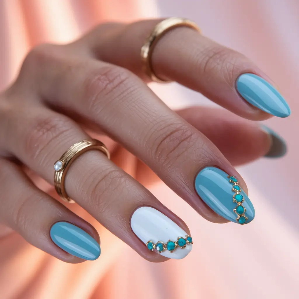 Fall Rhinestone Nails Sky Blue Elegance