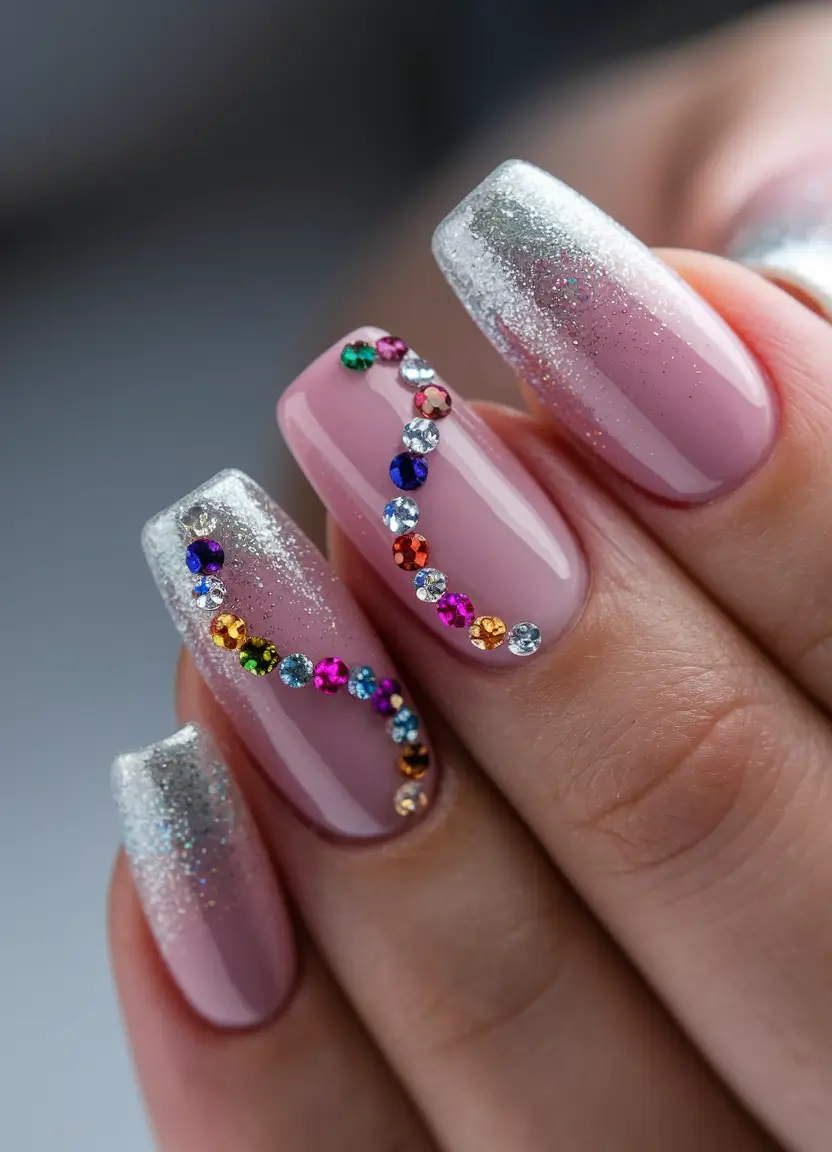 Fall Rhinestone Nails Frosted Rainbow Shimmer