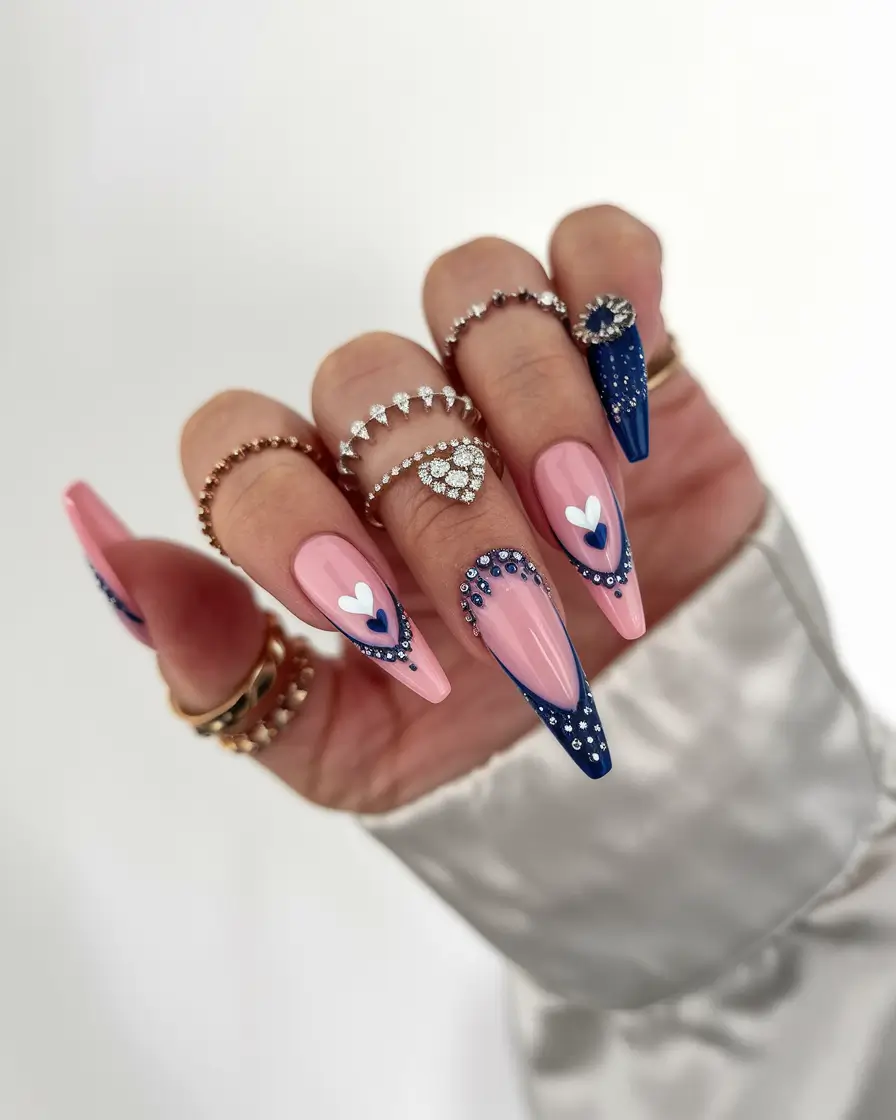 Fall Rhinestone Nails Romantic Midnight Hearts