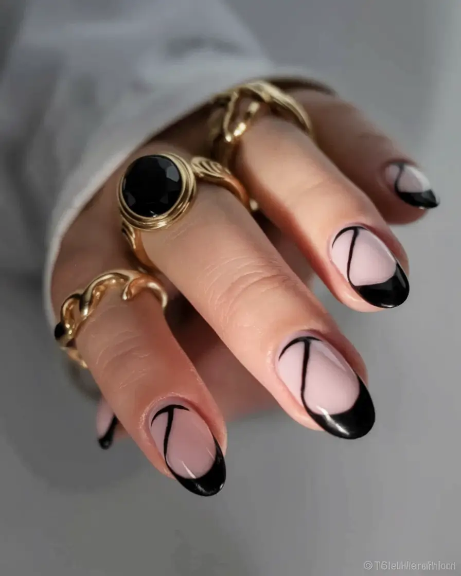 fall season nails 2025 Modern Black French Twist