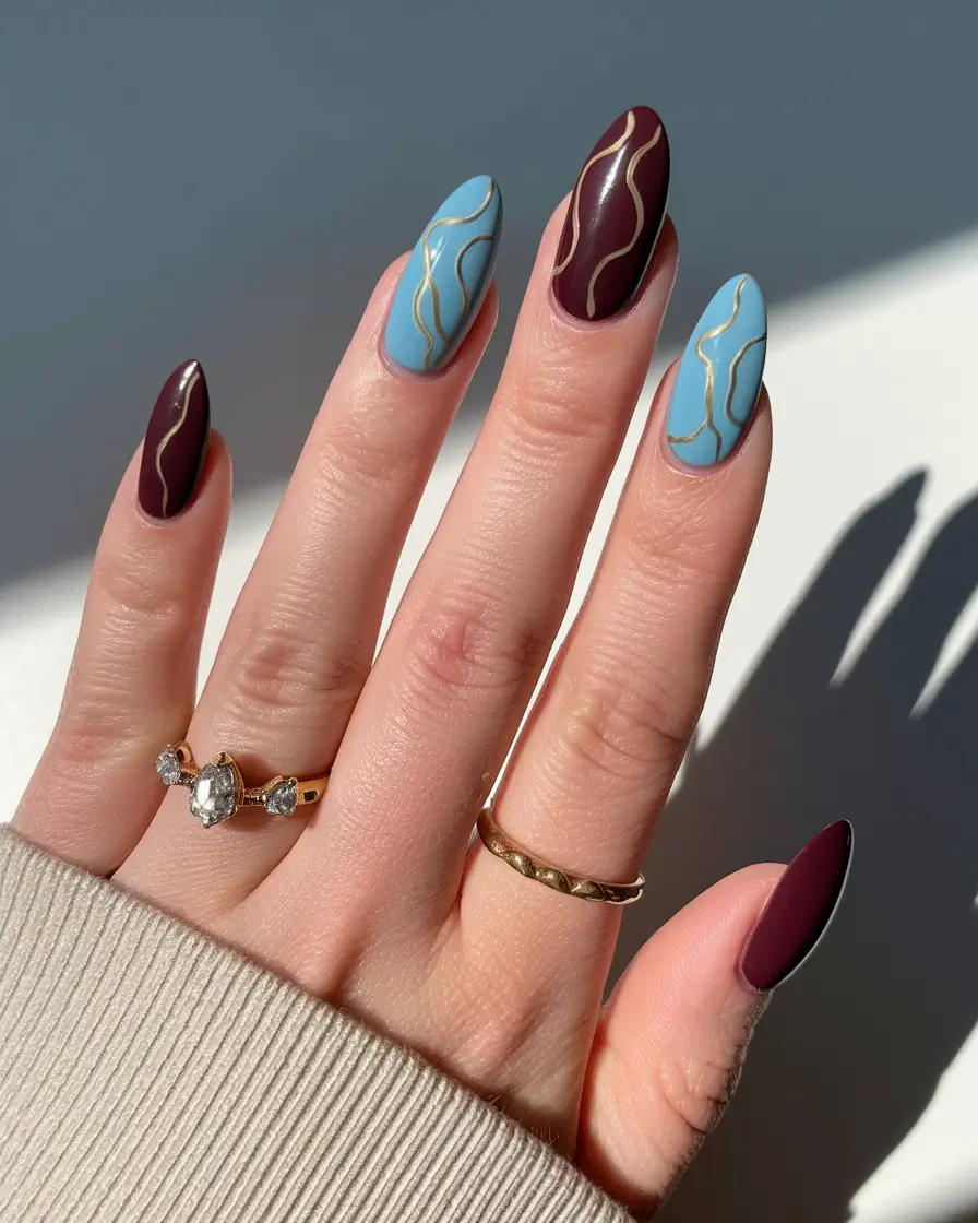fall season nails 2025 Blue and Burgundy Harmony