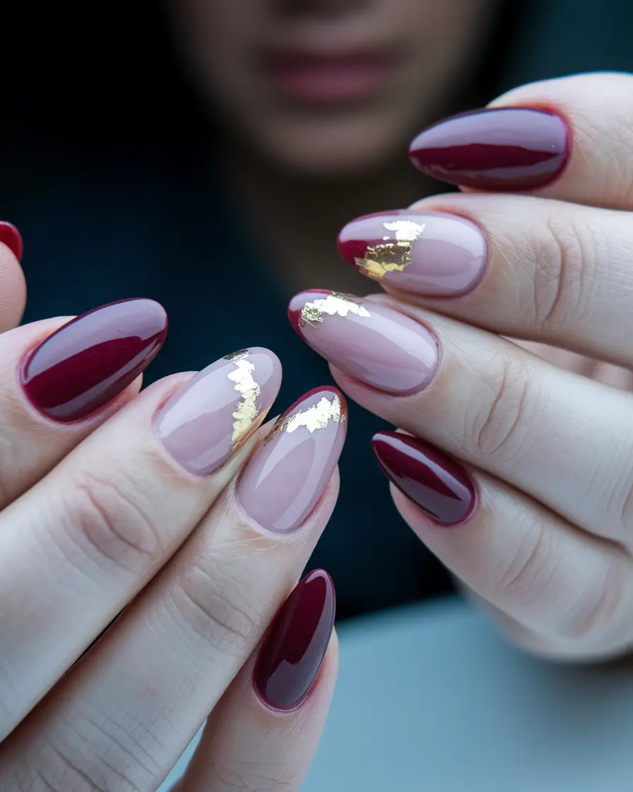 fall season nails 2025 Wine Red Meets Golden Touch