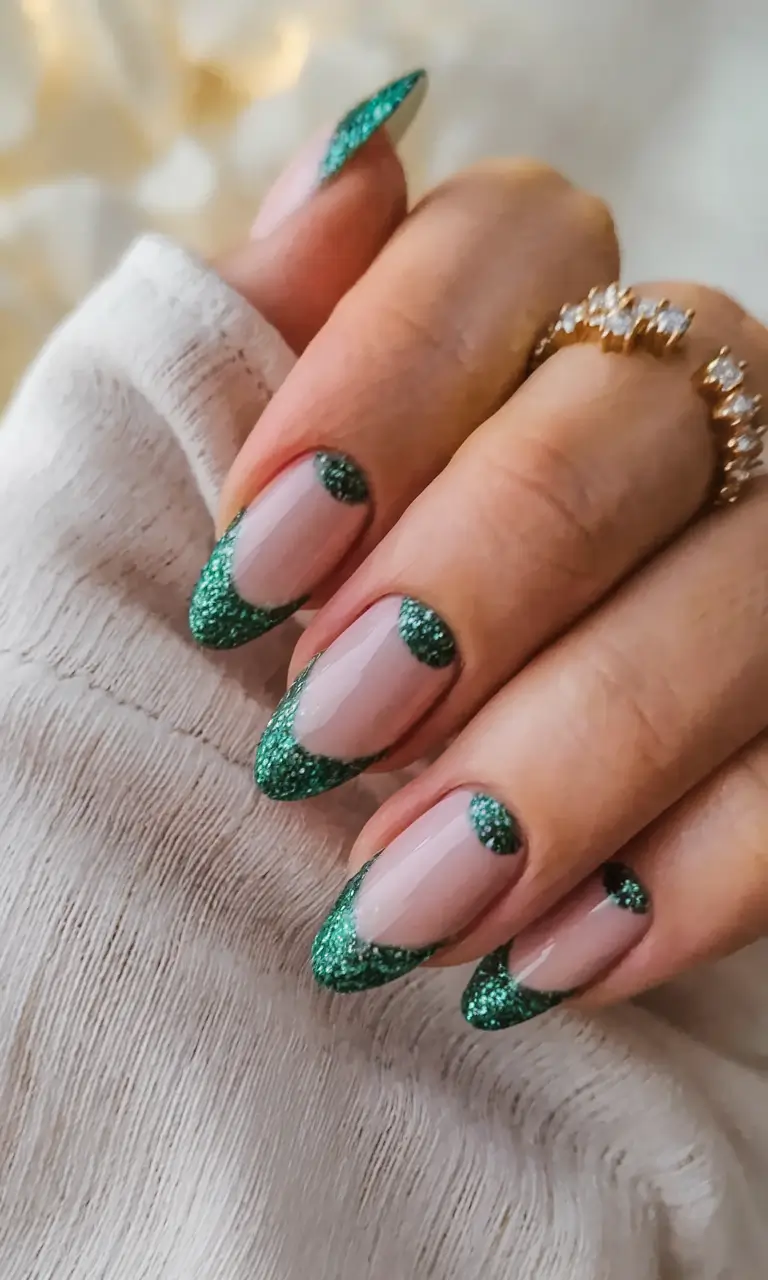 fall season nails 2025 Emerald Glitter French