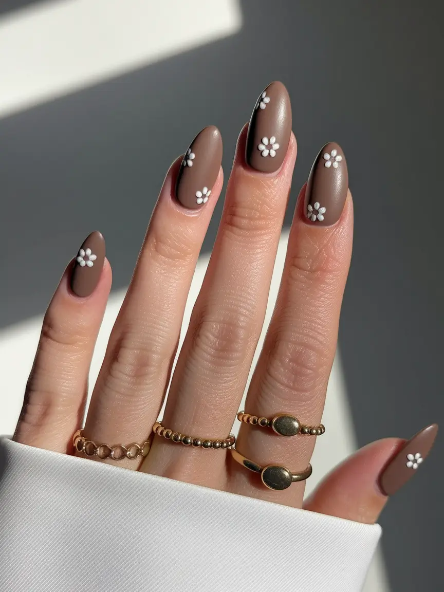 fall season nails 2025 Matte Mocha Florals