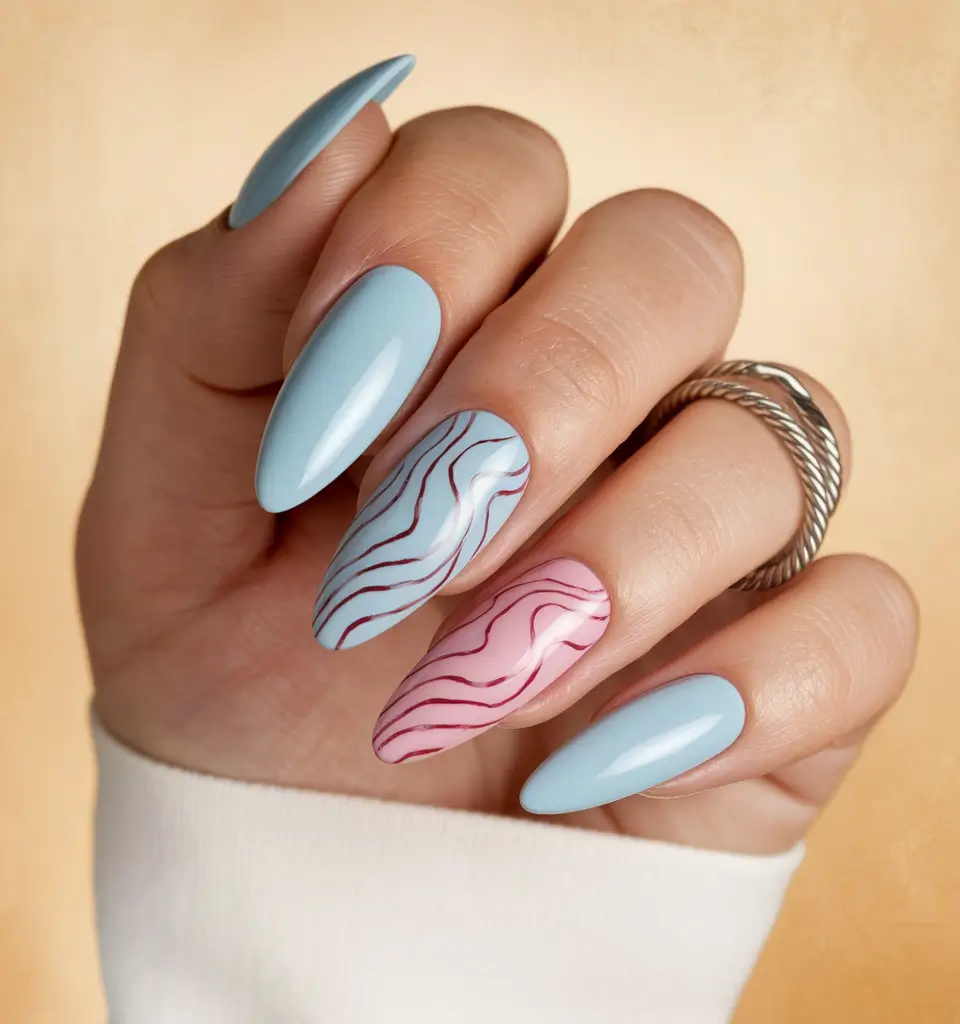 fall season nails 2025 Sky Blue Meets Abstract Waves